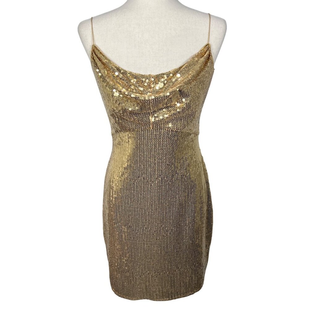 SHO BY TADASHI SHOJI Drape Neckline Gold Sequined Mini Dress Sz M NWOT